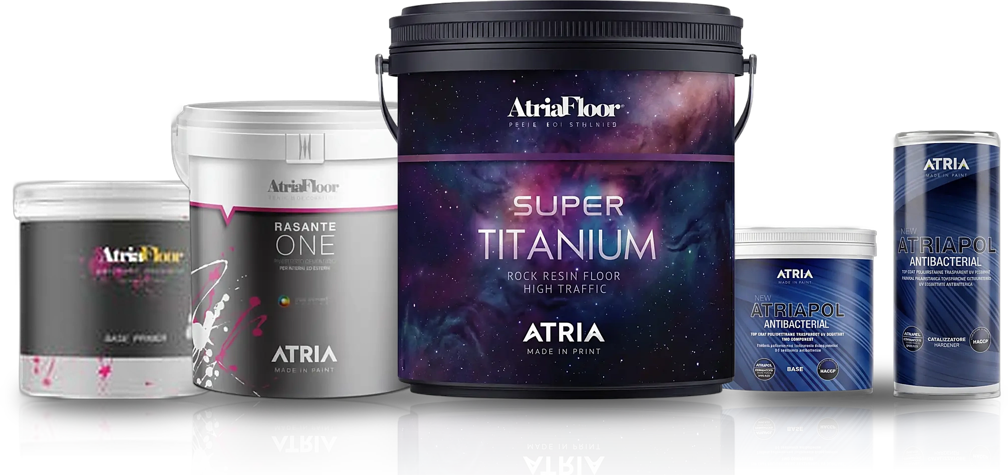 Atria microcement product line-up: Super Titanium bucket at the front with the primer and Atriapol pair grouped behind